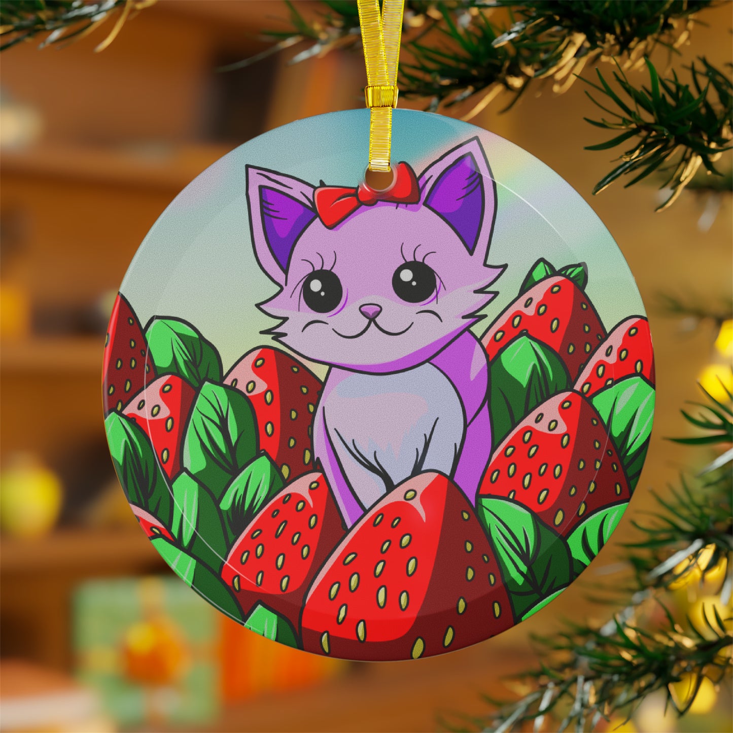 Kitty in a Strawberry Field Glass Ornaments