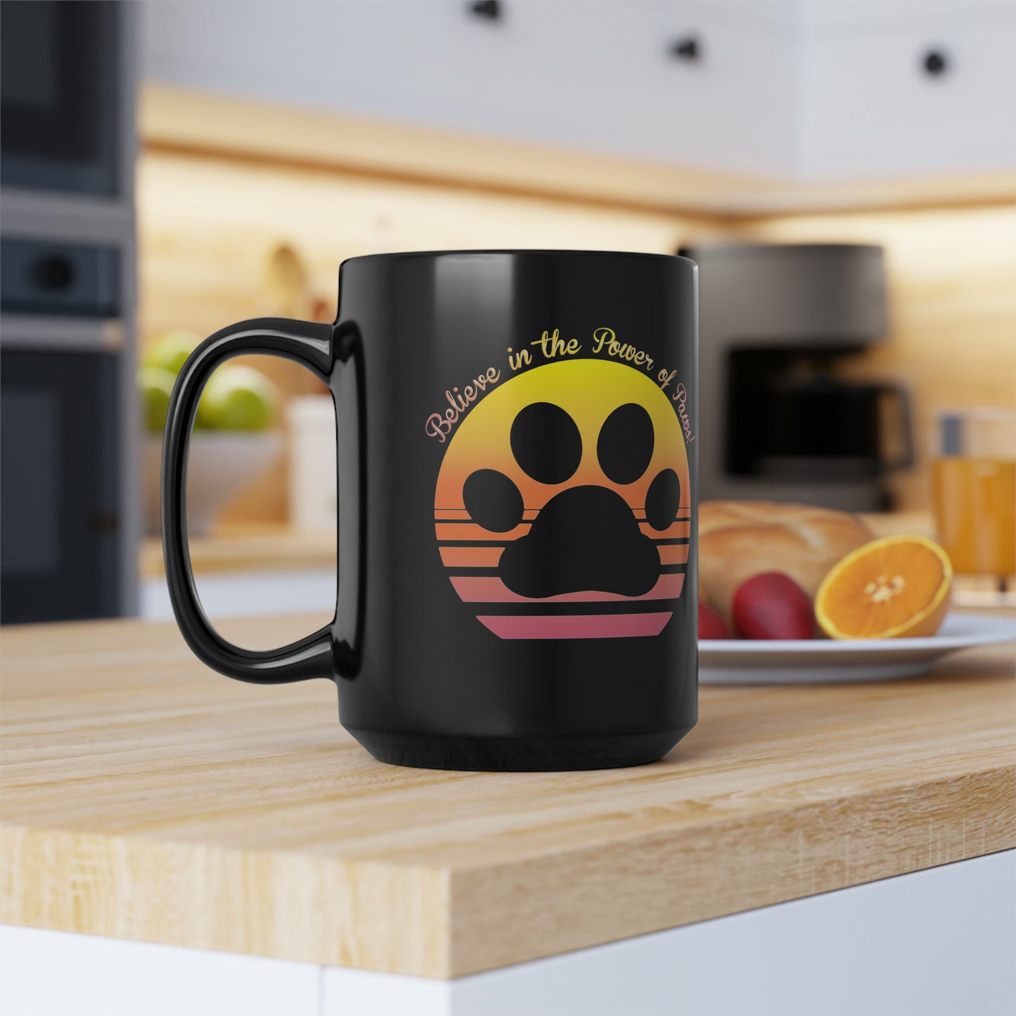 Believe in the Power of Paws! Black Mug, 15oz