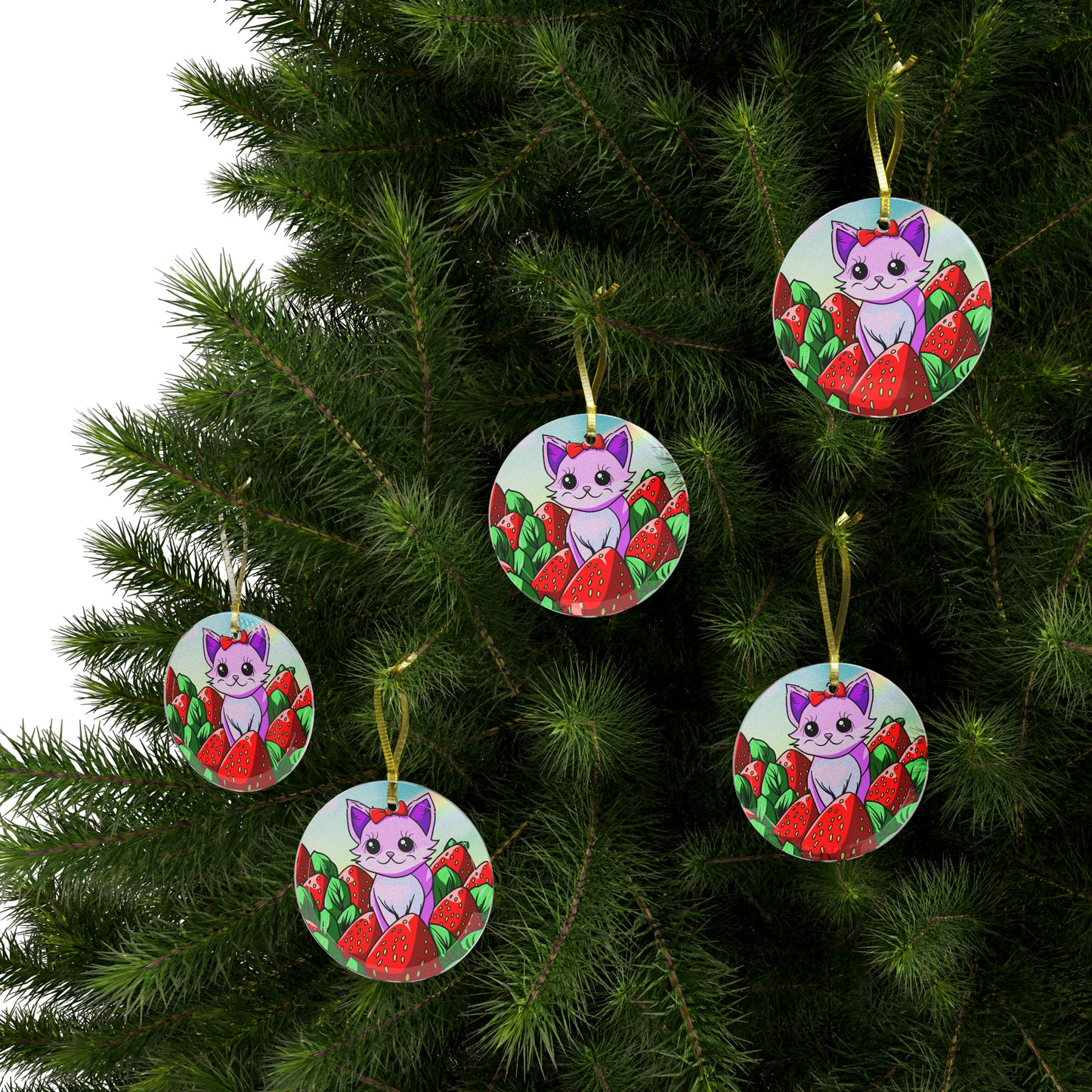 Kitty in a Strawberry Field Glass Ornaments