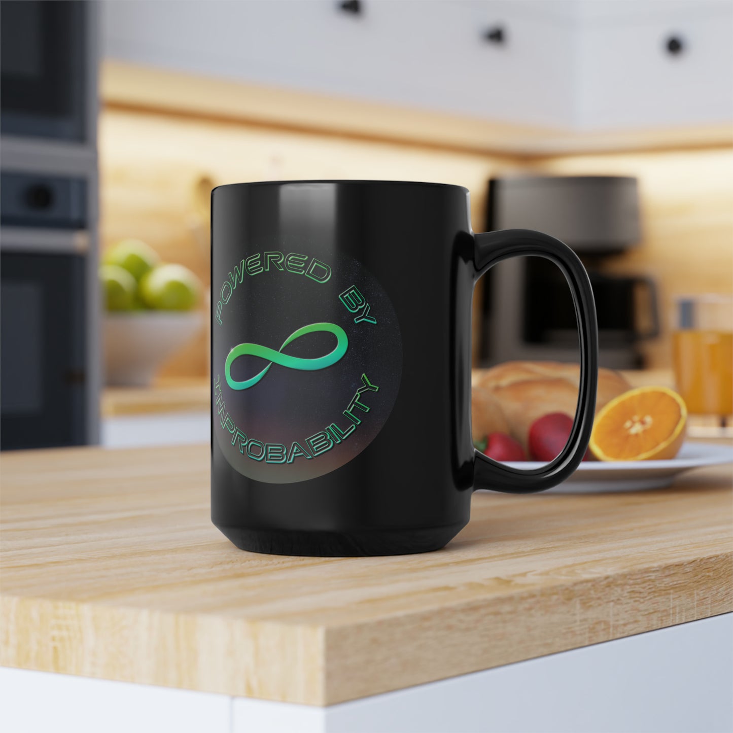 Powered By Infinite Improbability Ceramic Black Mug, 15oz