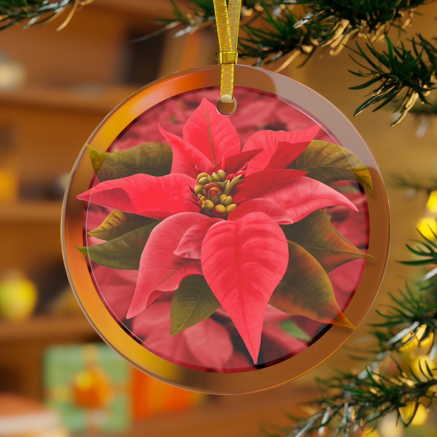 Poinsettia Flower Glass Ornament