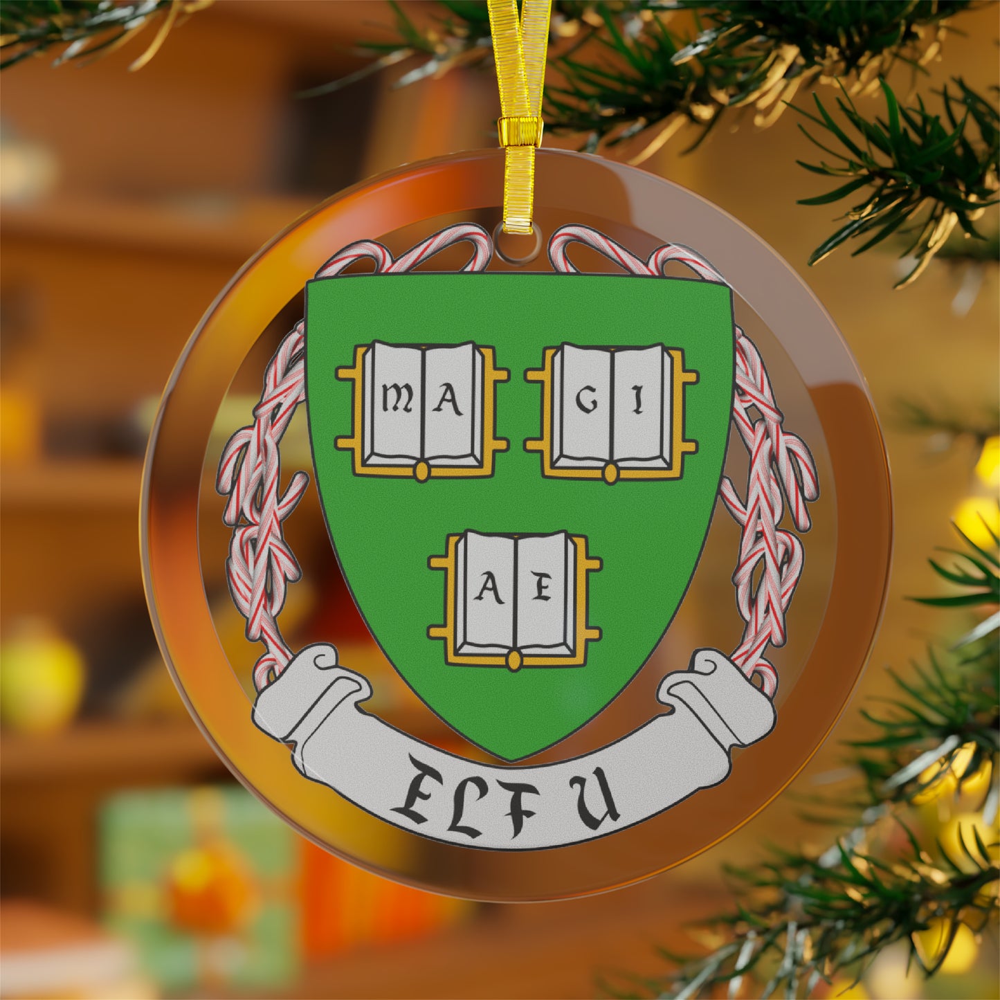 Elf University Logo Glass Ornaments