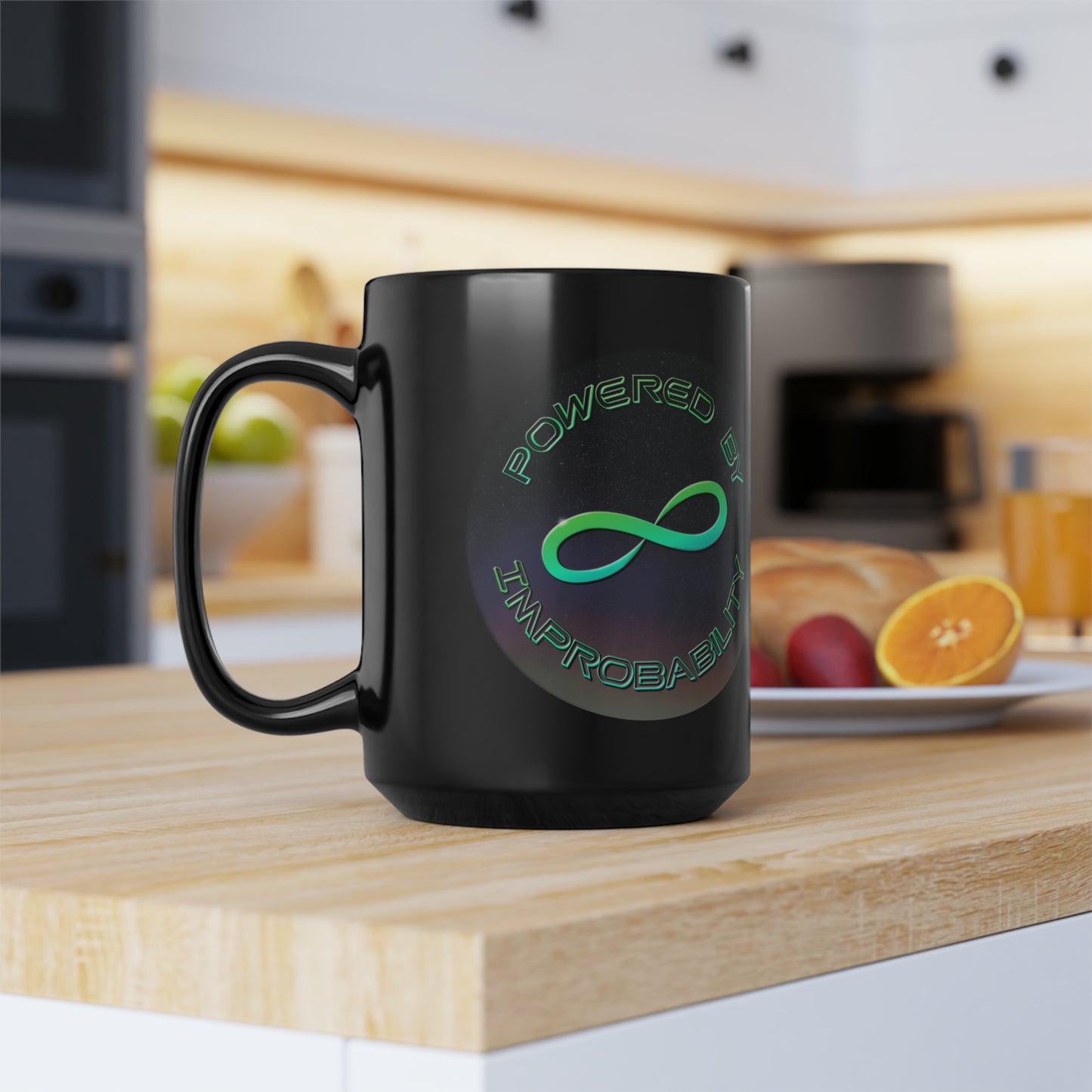 Powered By Infinite Improbability Ceramic Black Mug, 15oz