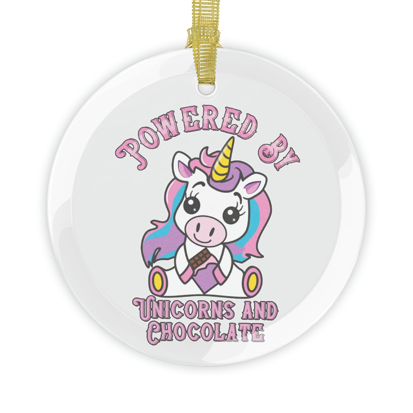 Powered by Unicorns and Chocolate Glass Ornaments