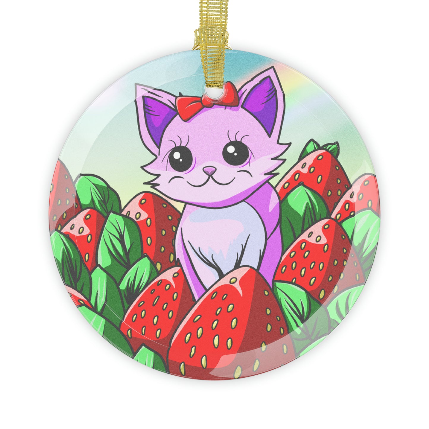 Kitty in a Strawberry Field Glass Ornaments