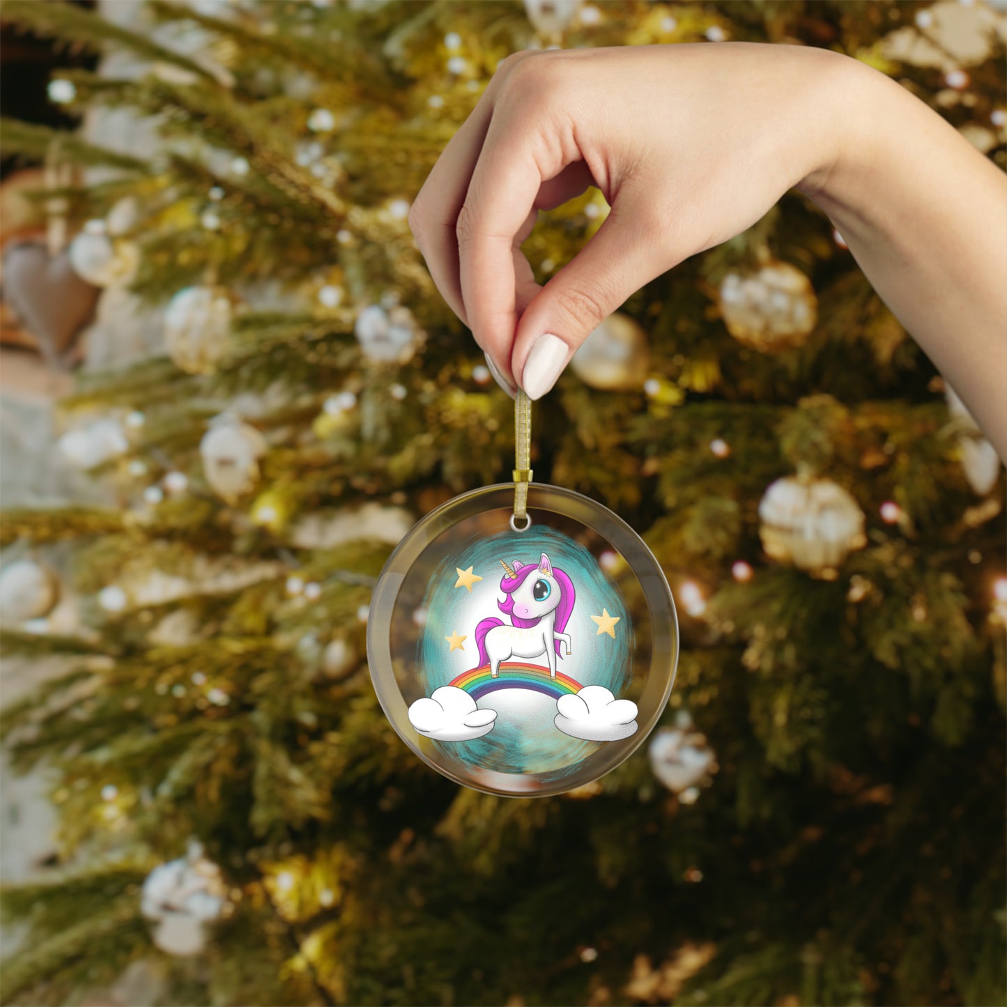 Rainbow Cloud Unicorn Glass Ornaments