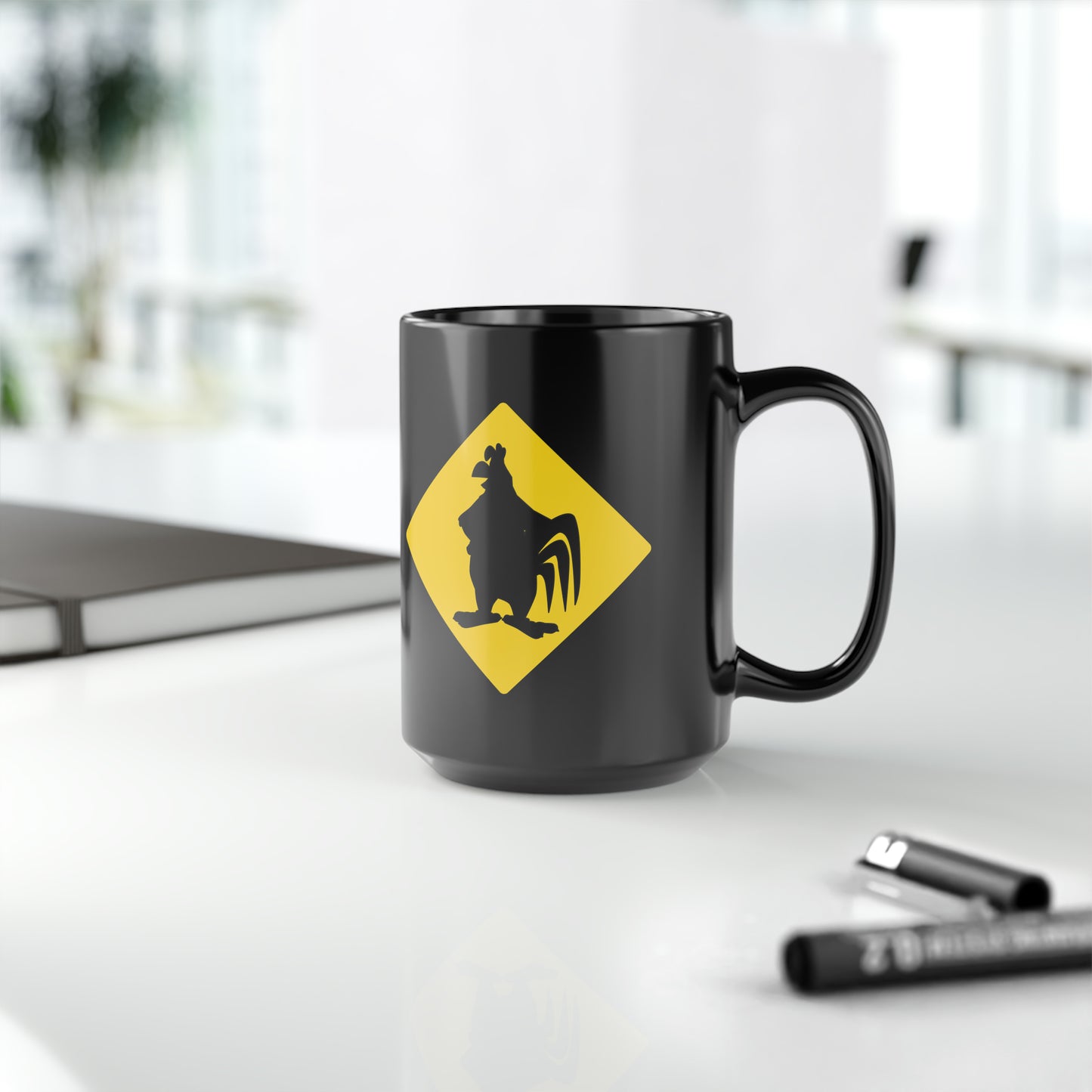 Caution Large Cock Black Mug, 15oz