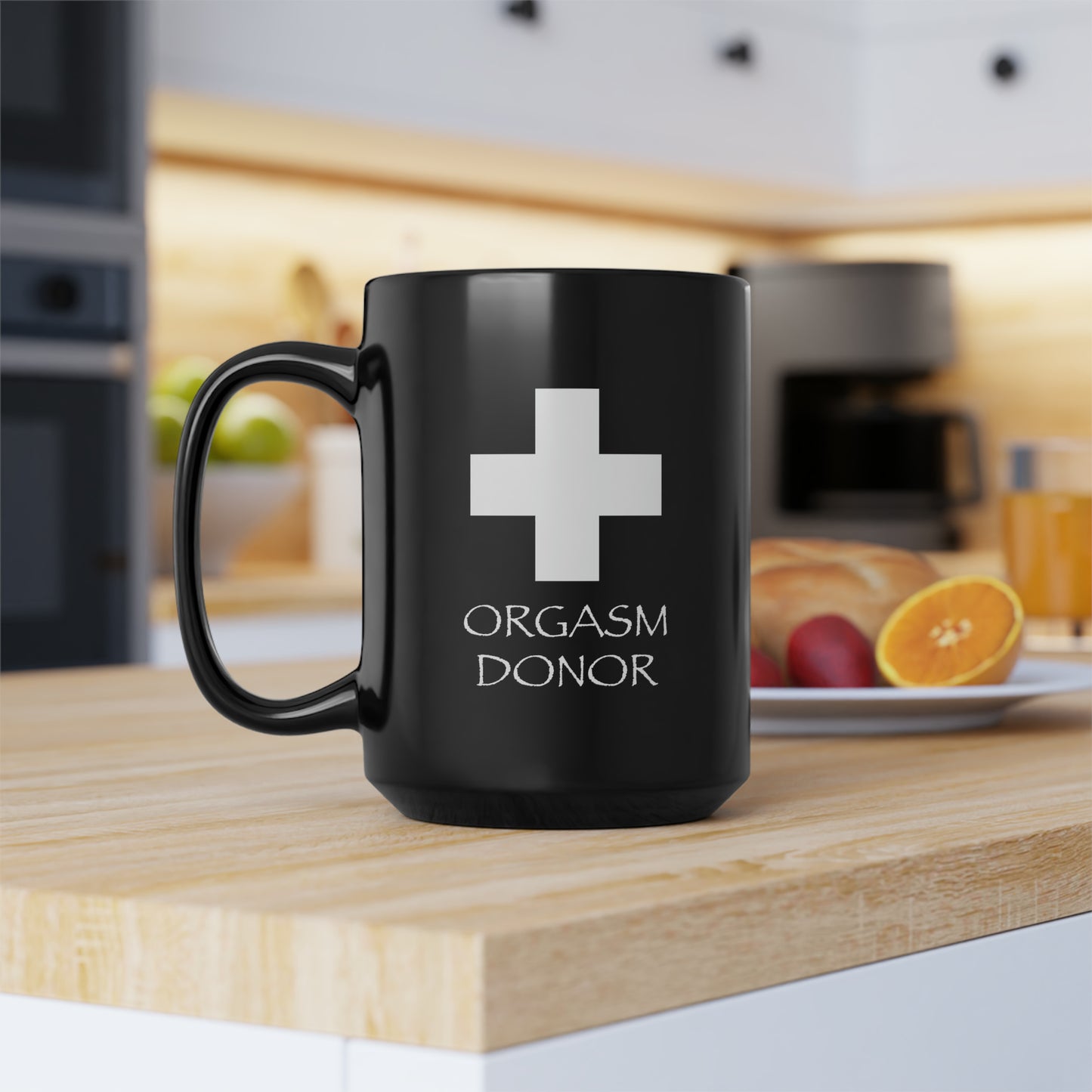 Orgasm Donor Black Mug, 15oz