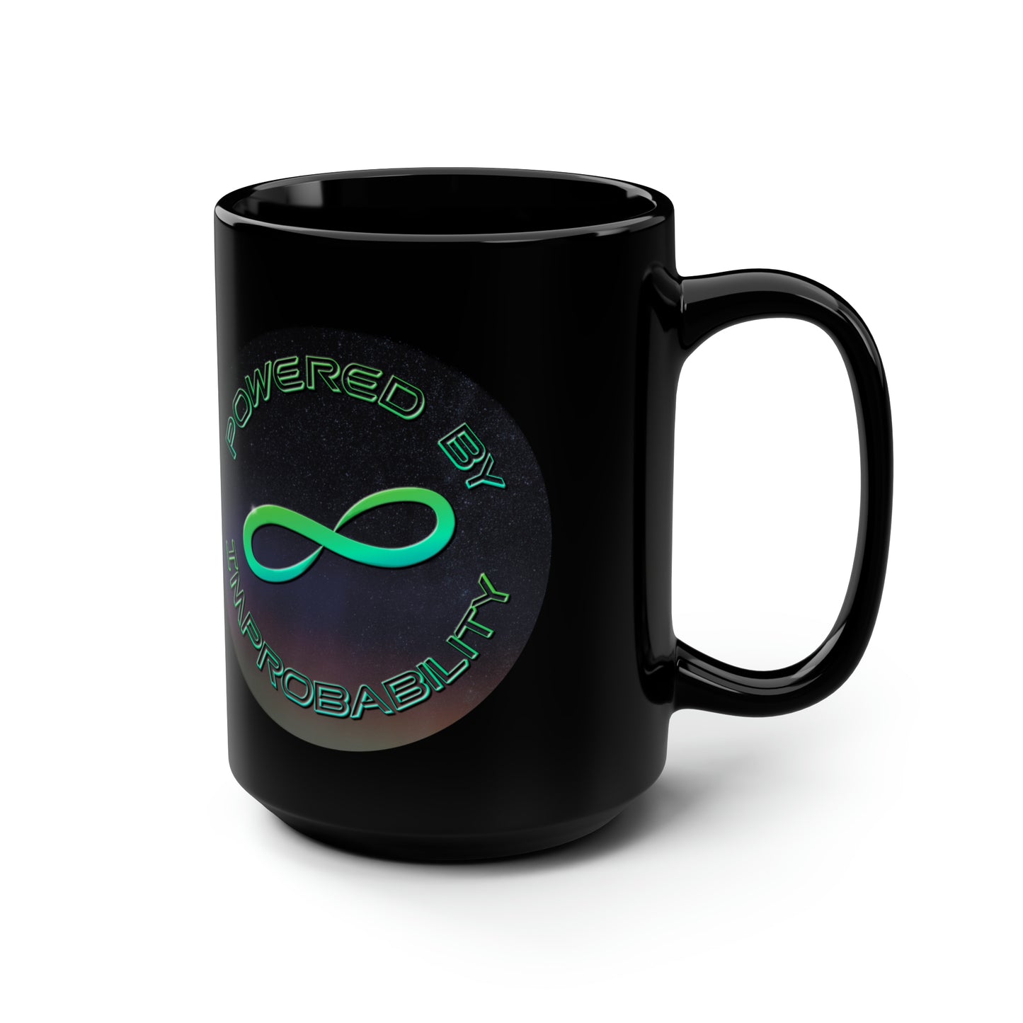 Powered By Infinite Improbability Ceramic Black Mug, 15oz