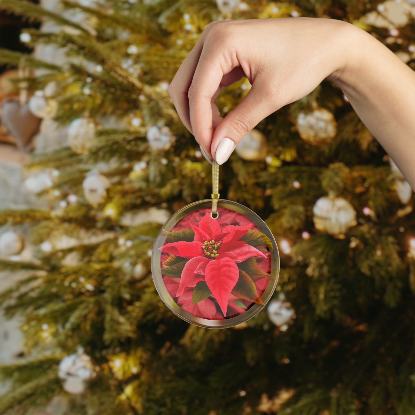 Poinsettia Flower Glass Ornament