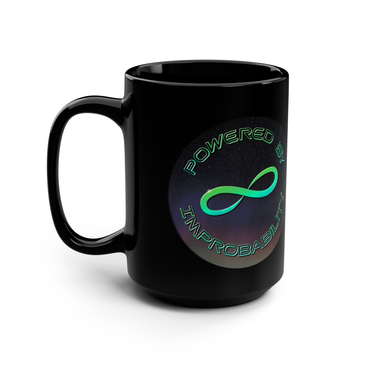 Powered By Infinite Improbability Ceramic Black Mug, 15oz