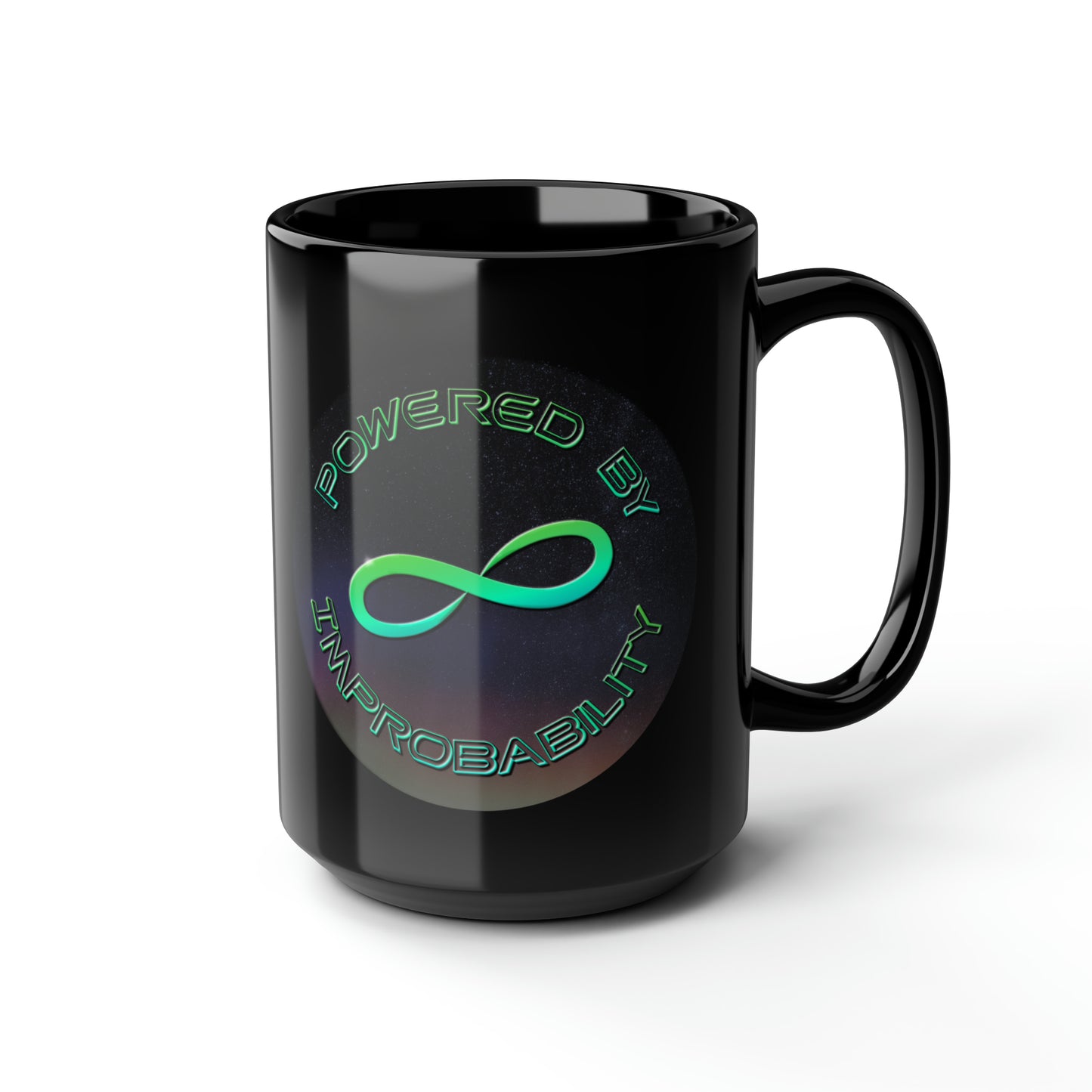 Powered By Infinite Improbability Ceramic Black Mug, 15oz