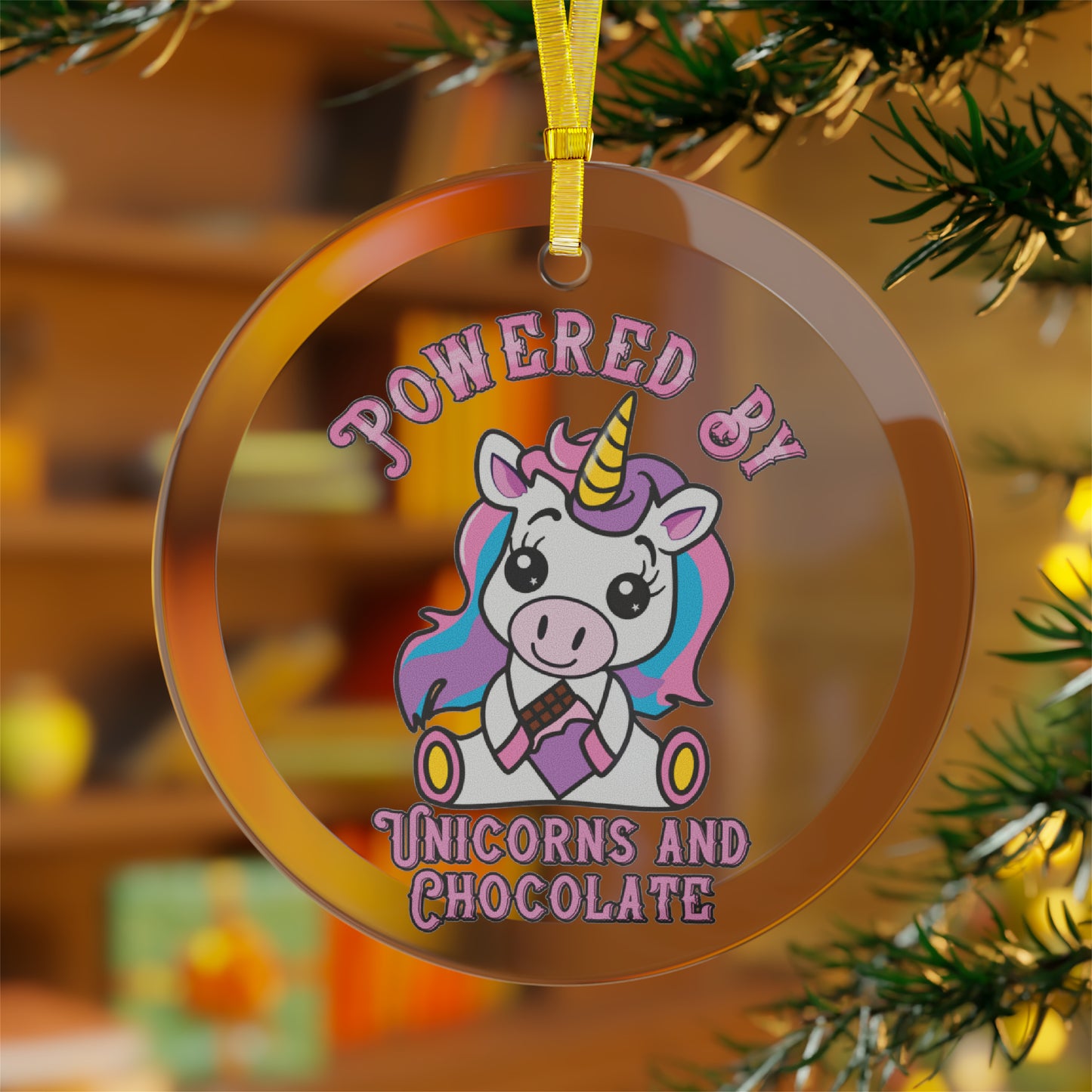 Powered by Unicorns and Chocolate Glass Ornaments