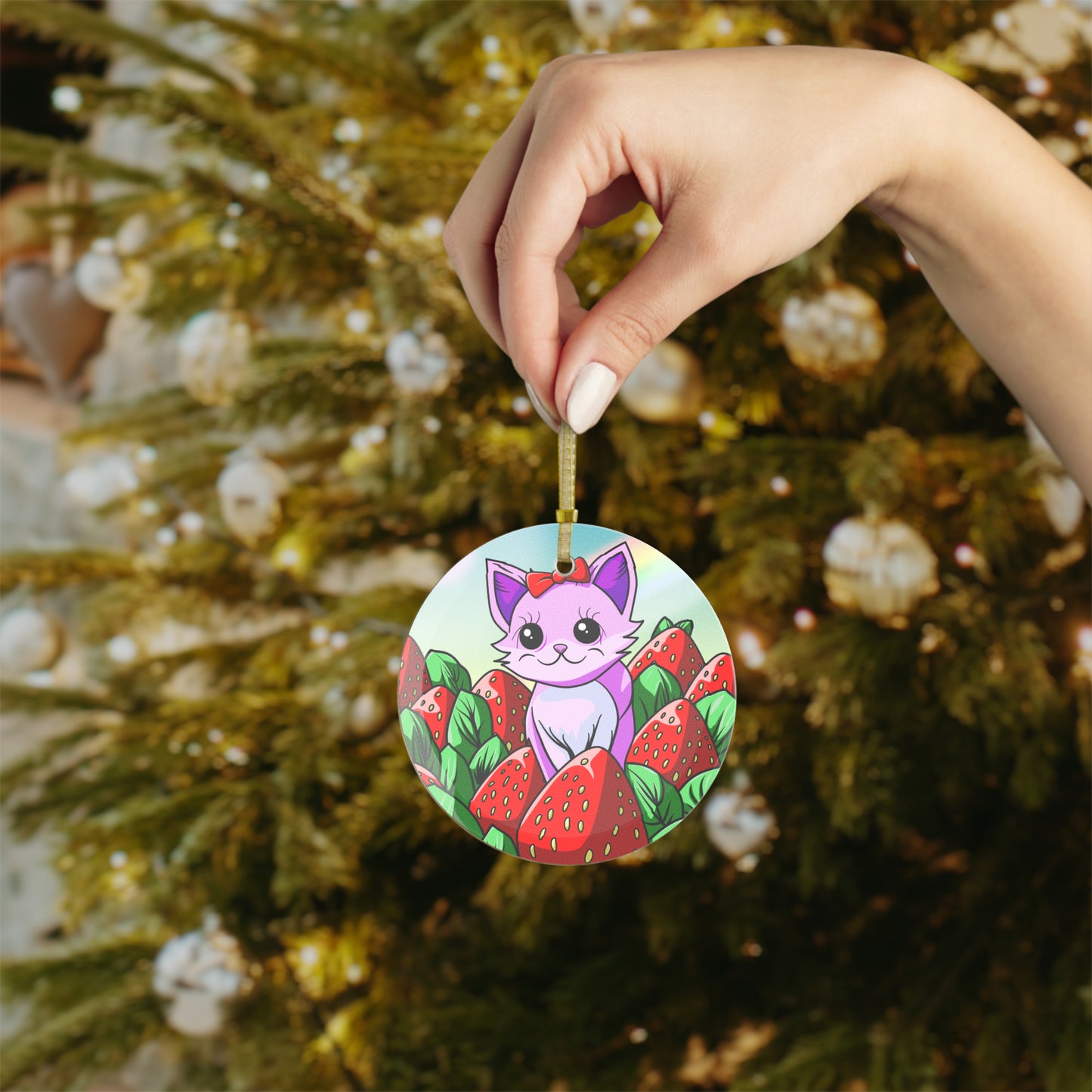 Kitty in a Strawberry Field Glass Ornaments