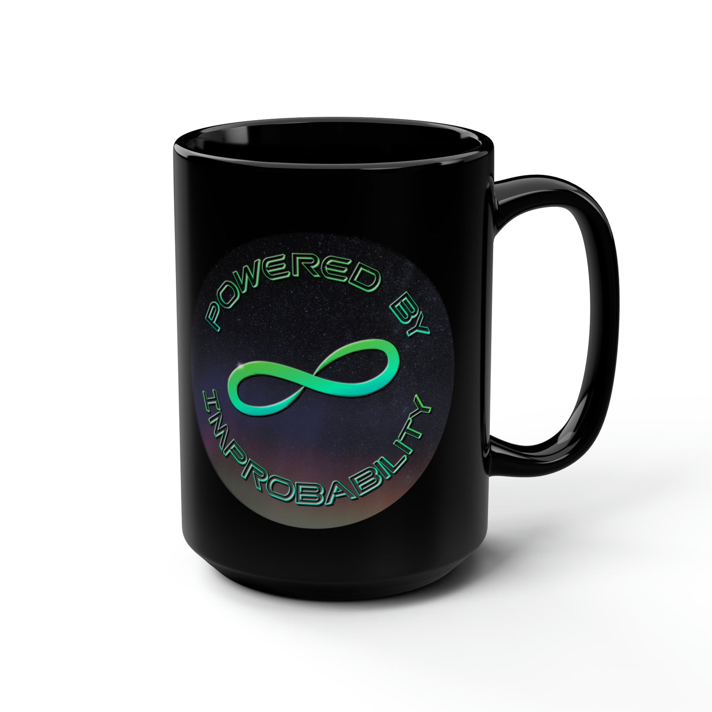 Powered By Infinite Improbability Ceramic Black Mug, 15oz