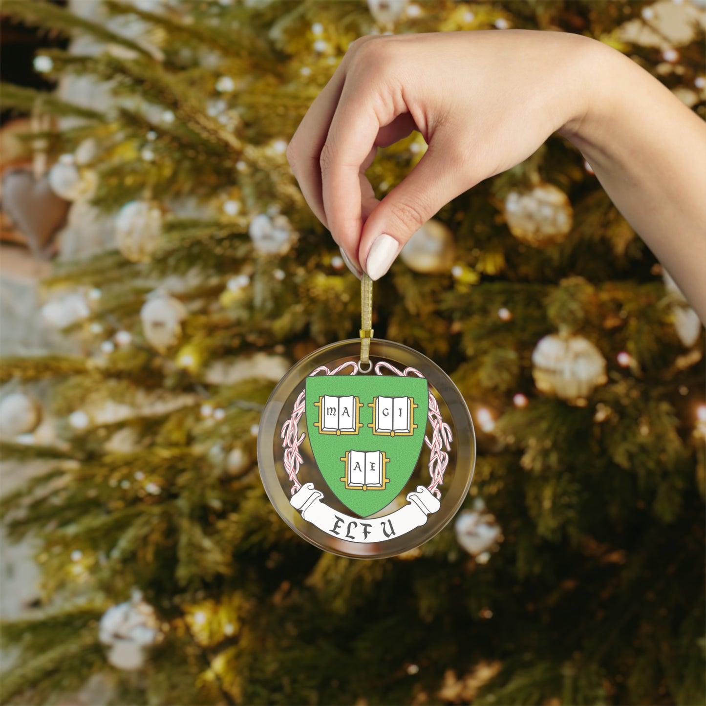 Elf University Logo Glass Ornaments