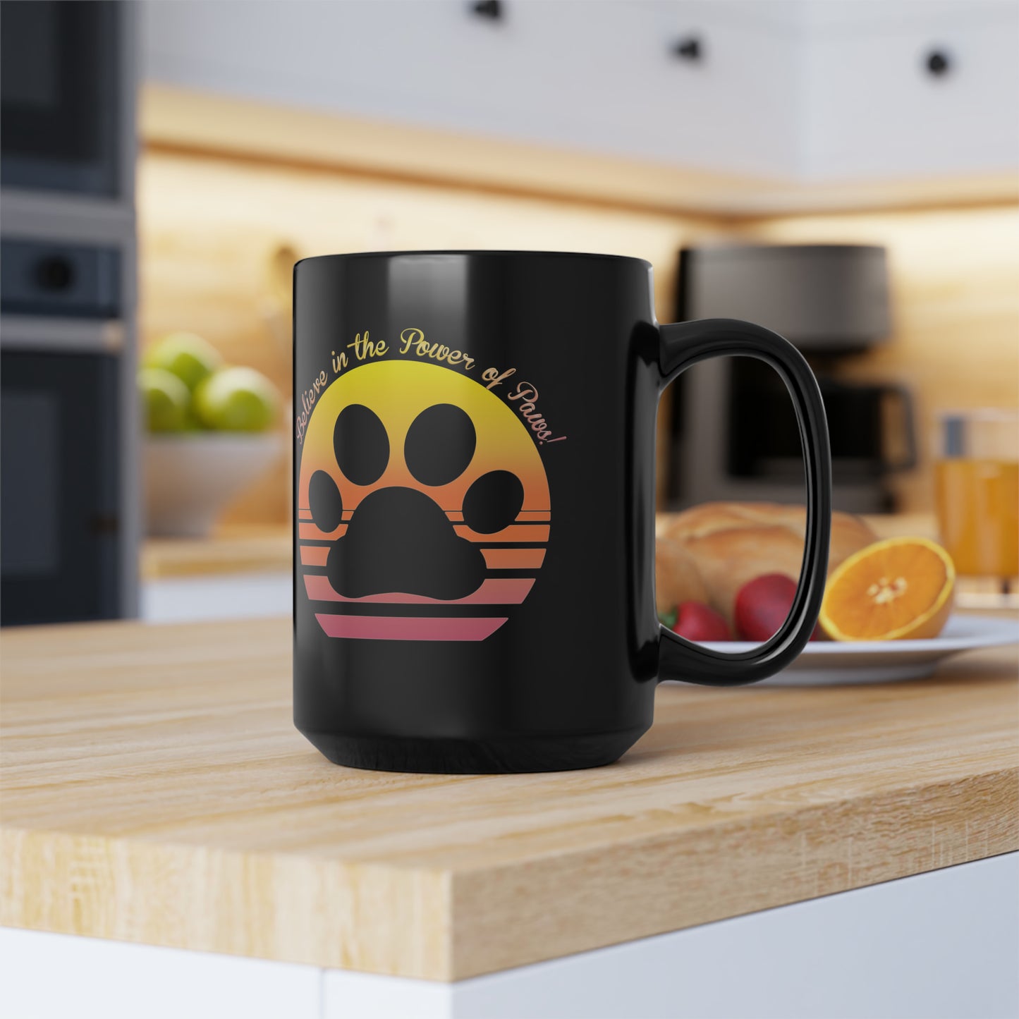 Believe in the Power of Paws! Black Mug, 15oz