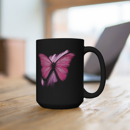 Pink Butterfly Black Mug 15oz