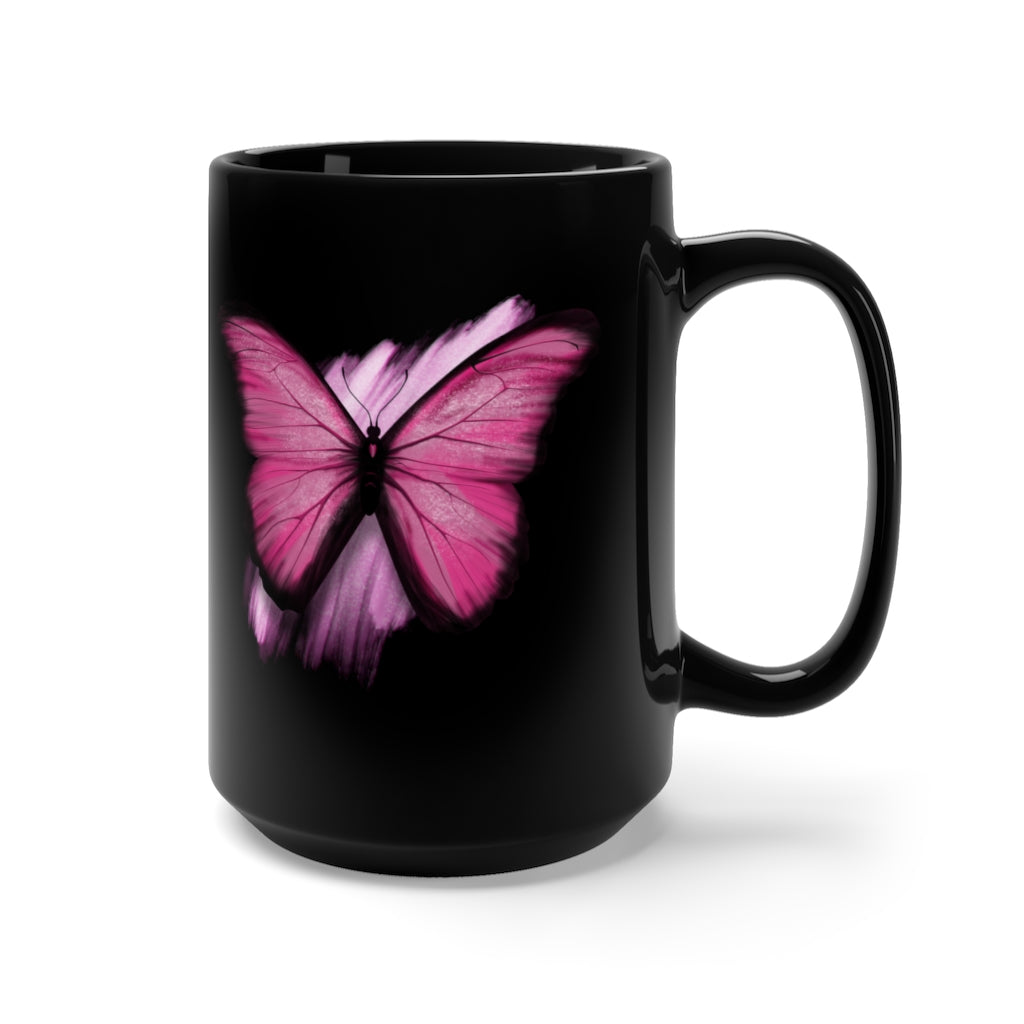 Pink Butterfly Black Mug 15oz