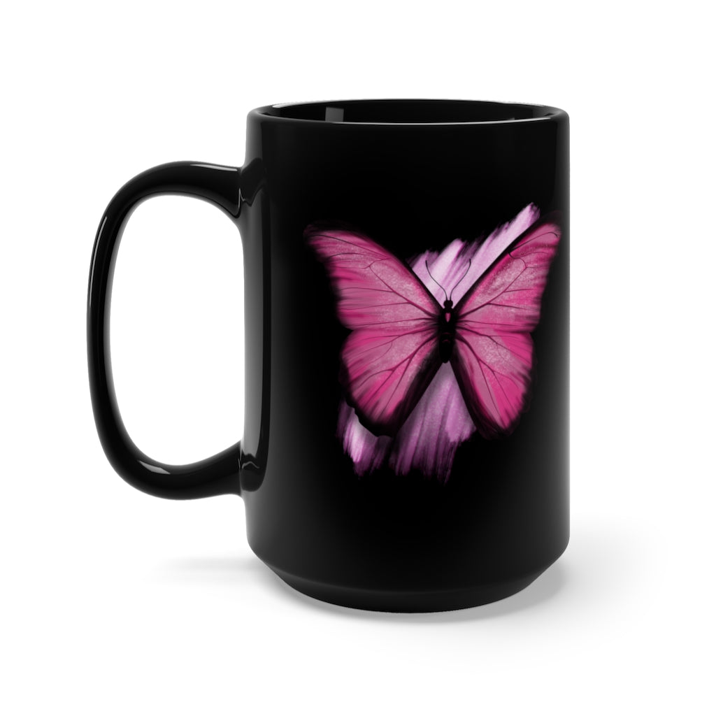 Pink Butterfly Black Mug 15oz